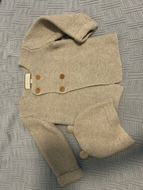 Gray Knit Baby Cardigan and Beanie Set - Beige